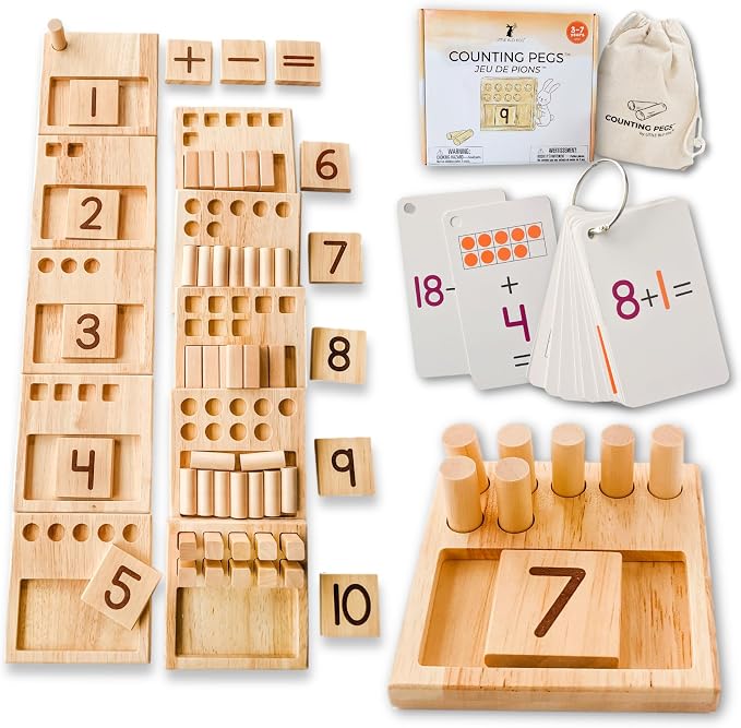 LITTLE BUD KIDS Counting Pegs - A Ten Frame Math Game with Addition and Subtraction Flash Cards, A Wooden Montessori Math Toy & Math Manipulatives Number Peg Boards for Kids 3 4 5 6 7