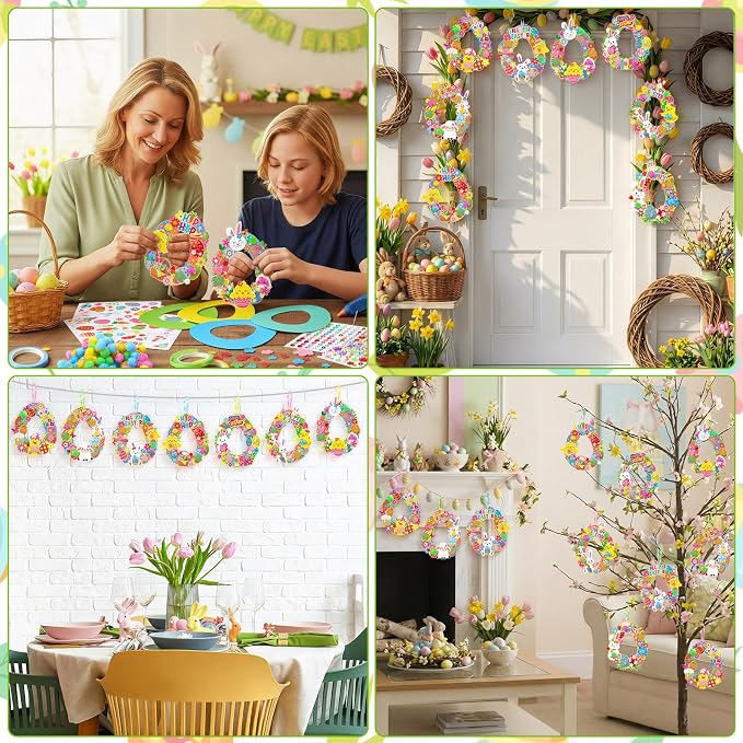 Hollowfly 48 Sets Easter Wreath Craft Kits DIY Paper Ornaments Stickers | For Kids Party Favors and Classroom Activities, Hangable Door Decor, Bulk Easter Craft Supplies for Spring Celebrations