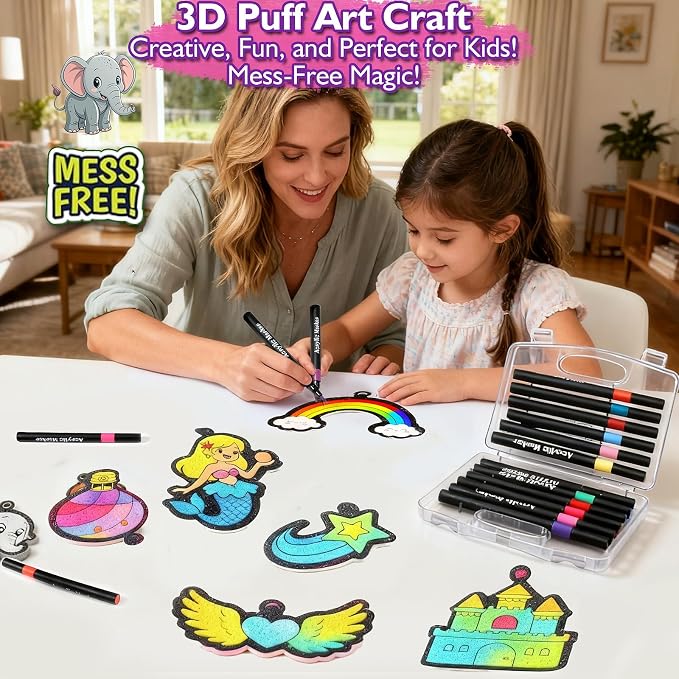 Magic Puffs 3D Art Craft, Princess & Unicorn Crafts for Kids, DIY Foam Texture Painting & Inflate Activity – Easy, Mess-Free Creative Fun, Ideal Christmas Birthday Gifts for Girls Boys Age 4-10