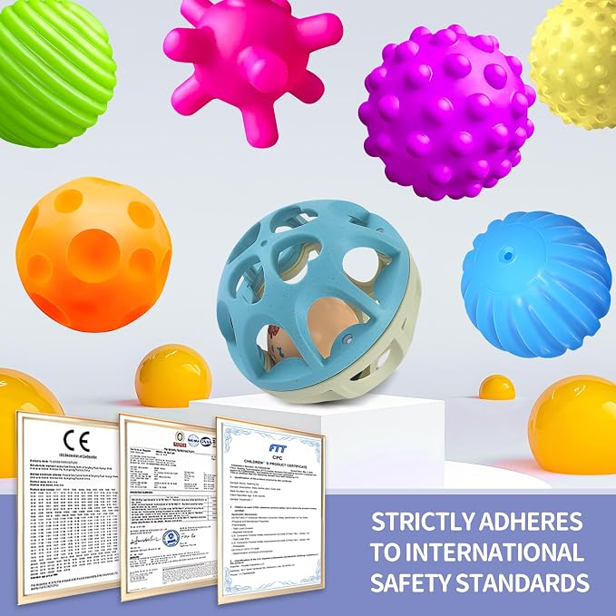Sensory Toys for Babies, Montessori Textured Baby Balls and Wheat Straw Rattle, Baby Toys for 6-12 Months, Ideal Newborn Gifts for Boys and Girls, Toddler Toys for 1-3