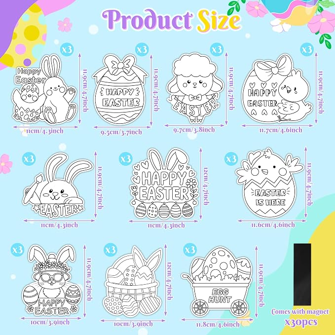 Easter Cartoon Coloring Arts Crafts Kit - 30Pcs Cartoon Color Your Own Magnets for Kids Egg Bunny Sheep Chicken Blank DIY Coloring Magnet for Easter Birthday Party Spring Holiday Favor Basket Supplies