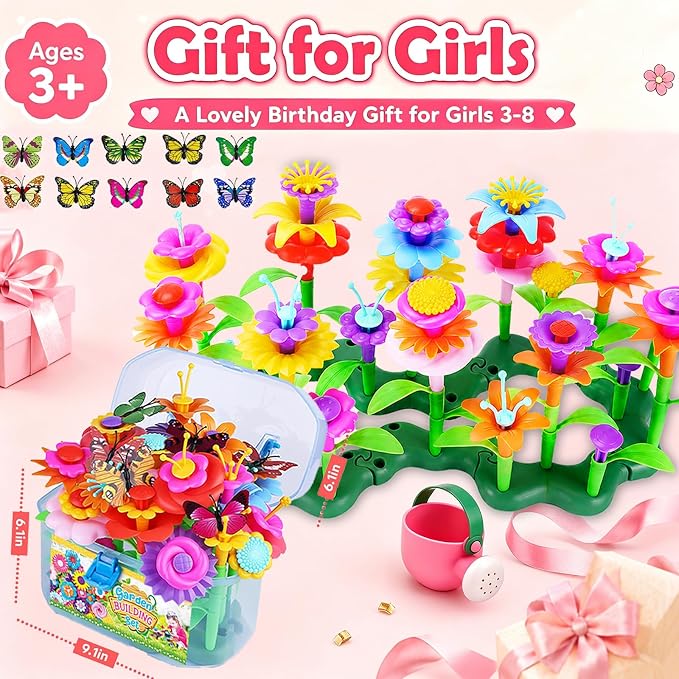 109pcs Flower Garden Building Toys Set - STEM Montessori Toys for Girls | Birthday Gift for 3 4 5 6 7 Years Old Girl, Sorting & Stacking Building Block Playset Springl, Gardening Toy for Kids