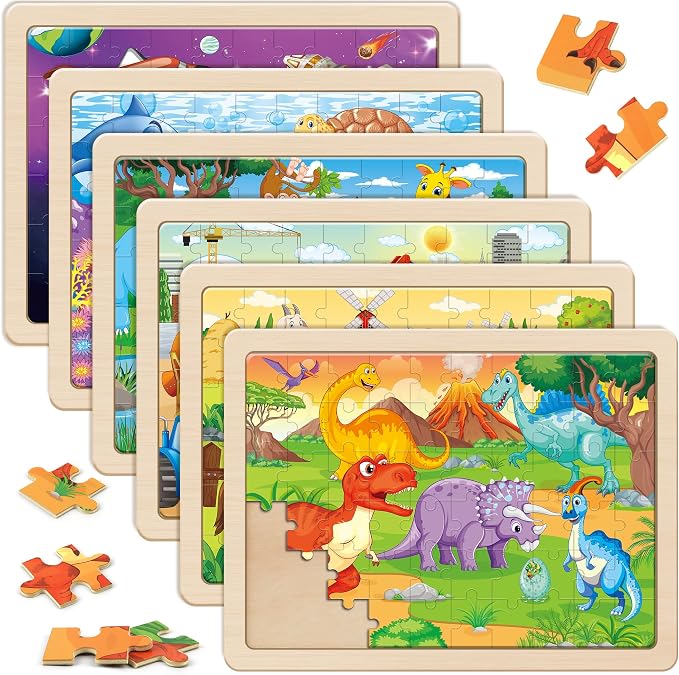 SYNARRY 6-Pack Large Wooden Jigsaw Puzzles for Kids Ages 4-6, 60-Piece | Puzzles for Kids Ages 4-8, Dinosaur, Farm, Safari Animals, Sea Life, Space & Vehicle Themes, Kids Toddlers Birthday Gifts