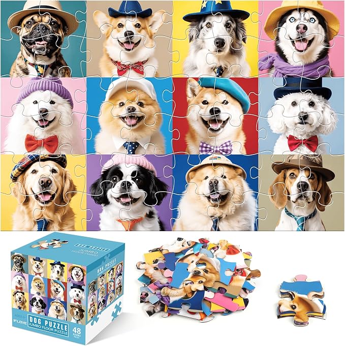 Jumbo Floor Puzzle for Kids,48 Piece Funny Dog Jigsaw Puzzle Ages 3-8 | Puppy Theme Puzzle,Extra-thick Cardboard,Preschool Learning Toy,35x24 in Completed,Ages 3-8,Birthday Gift for Boys and Girls
