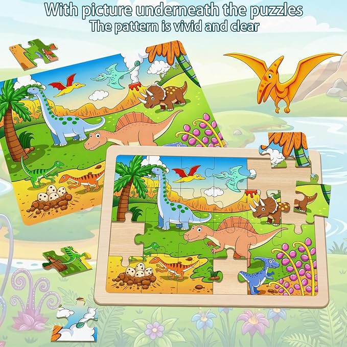 Wooden Puzzles Dinosaur Toys for Kids Ages 4-6, 4 Packs 24 Piece | Wooden Jigsaw Puzzles, Preschool Educational Learning Toys Gifts for 3 4 5 6 Year Old Boys and Girls