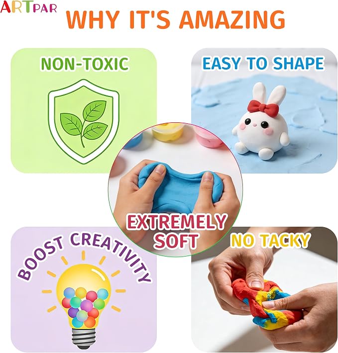 ARTPAR Air Dry Clay 66 Colors,Modeling Clay for Kids,DIY Molding Magic Clay | Soft & Ultra Light,Non Sticky With 4 Sculpting Tools,Creative Diy Arts And Crafts School Classroom Bulk For Boys Girls 3-12Y
