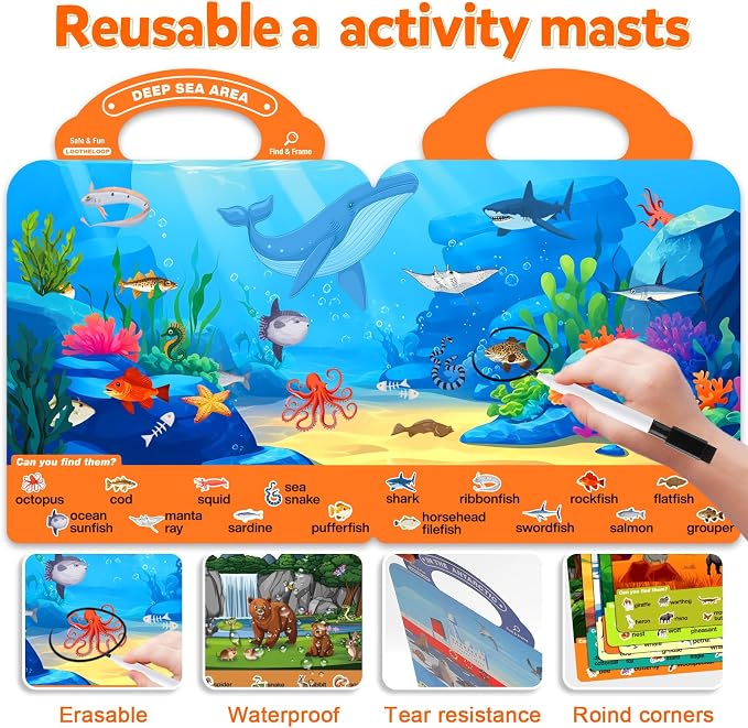 Search and Find Books for Kids 3-5, Reusable Preschool Learning Activities, Perfect Road Trip Car Airplane Games, Educational Toys, Busy Books for 3 4 5 6 Year Old Boys Girl Christmas Birthday Gifts