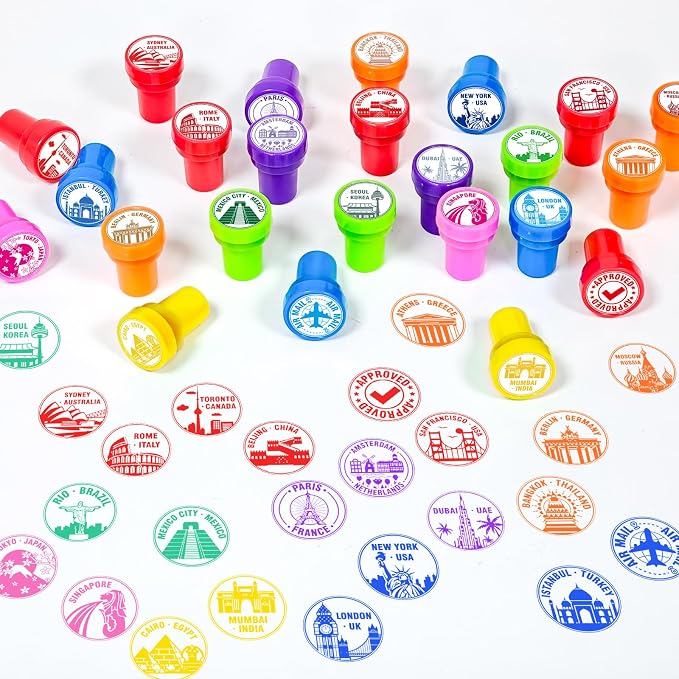 Cinrobiye 24 Pcs Adventure Travel Stampers Party Favor Set, Fun Bon Voyage Travel Stamps for Kids Birthday Party, Classroom Rewards, Carnival Prizes, Goody Bag Fillers, Travel Themed Party Supplies