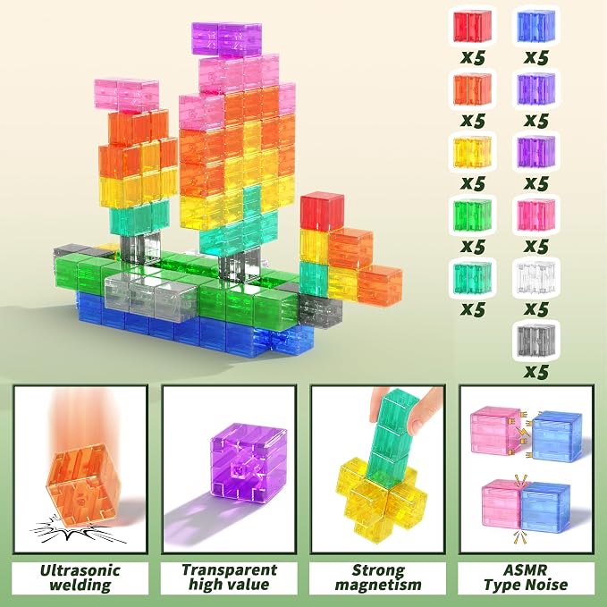 Magnetic Blocks Building Toys Gifts for Kids Aged 3+ Year Old Boys Girls | Transparent, PP Plastic,1 inch, 64PCS