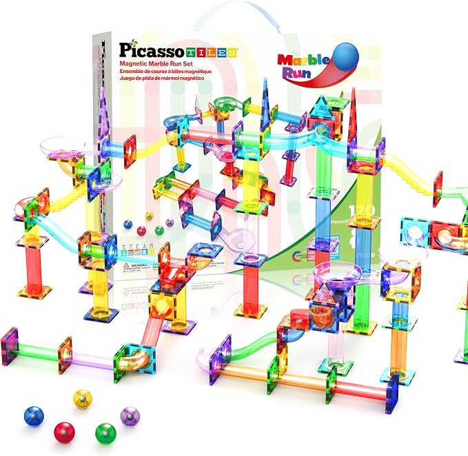 PicassoTiles 120 PCS Magnetic Tile Marble Run STEM Construction Set Ages 3+ | 10 dynamic shapes, translucent track parts, funnels & slopes, steel-weighted balls, BPA-free ABS, coordination & spatial play