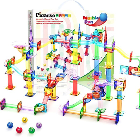 PicassoTiles 120 PCS Magnetic Tile Marble Run STEM Construction Set Ages 3+ | 10 dynamic shapes, translucent track parts, funnels & slopes, steel-weighted balls, BPA-free ABS, coordination & spatial play