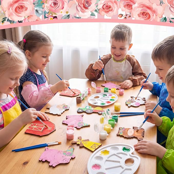 Saypacck 24 Pcs Party Favors Wooden Painting Craft Kits Birthday Party Supplies with Organza Bag for Goodie Bags Fillers Adult Thank You Gifts(Pink Farm)