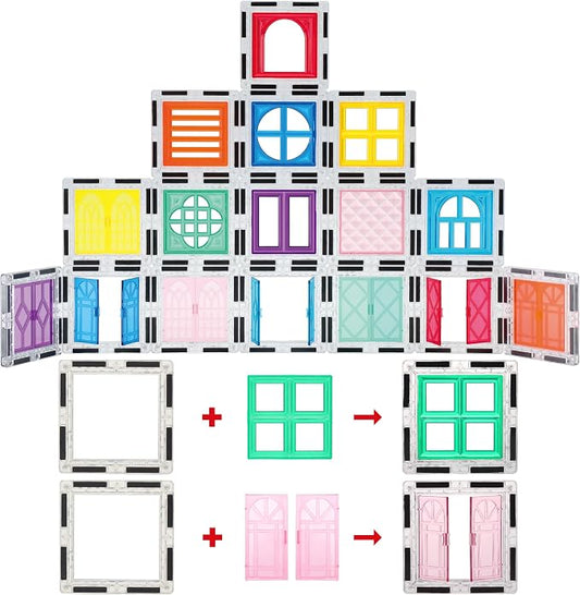 PicassoTiles 40pcs Magnetic Tiles Clip-in Window and Door Expansion Set, Magnetic Block Add-ons, Magnet Building Construction Toys, STEM Education Learning Block for Toddler Boys and Girls 3+ PTW40