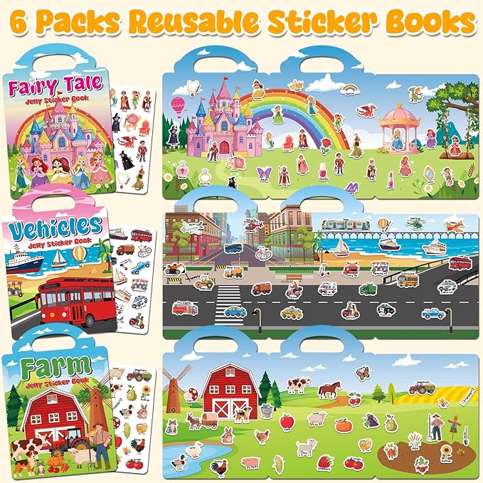 6 Sets Reusable Sticker Books for Toddlers 2-4 Years, Jelly Sticker Book for Kids, Travel Stickers Activity Book Travel Toys for Toddlers