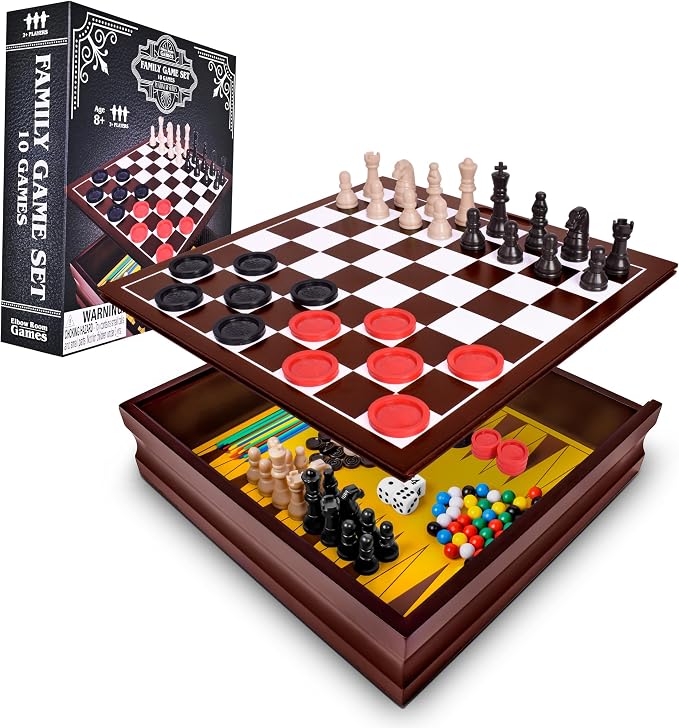 Elbow Room Games Family Game Set, 10 Classic Games with Wooden Storage Box and Built-in Game Boards, Endless Fun for Game Nights, Gatherings & Travel, 2+ Players | Wood Construction, Built-In Storage Box, 2 Players, Strategy Genre, 12.25 x 3 in, Printe...