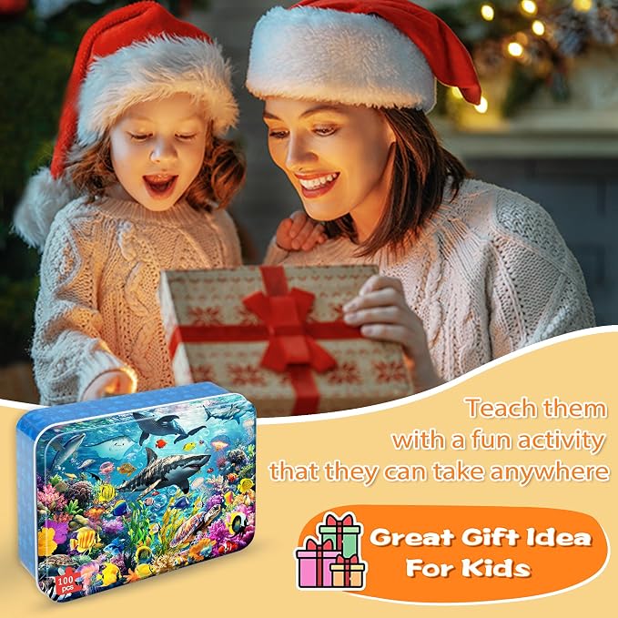 LELEMON Puzzles for Kids Ages 4-6,100 Piece Puzzles for Kids in Metal Box | Educational Underwater World Jigsaw Puzzles Kids Puzzles,100 Piece Puzzle Games Puzzle Toys for Girls and Boys