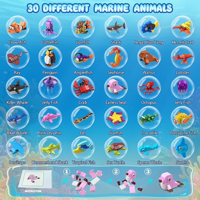 30 Pack Marine Animals Party Favors For Kids Building Set for Boys Girls 6+ | 824PCS Building Blocks for Party Favors Goodie Bags Fillers Stocking Stuffers Classroom Prizes Toy Birthday Valentines Gifts