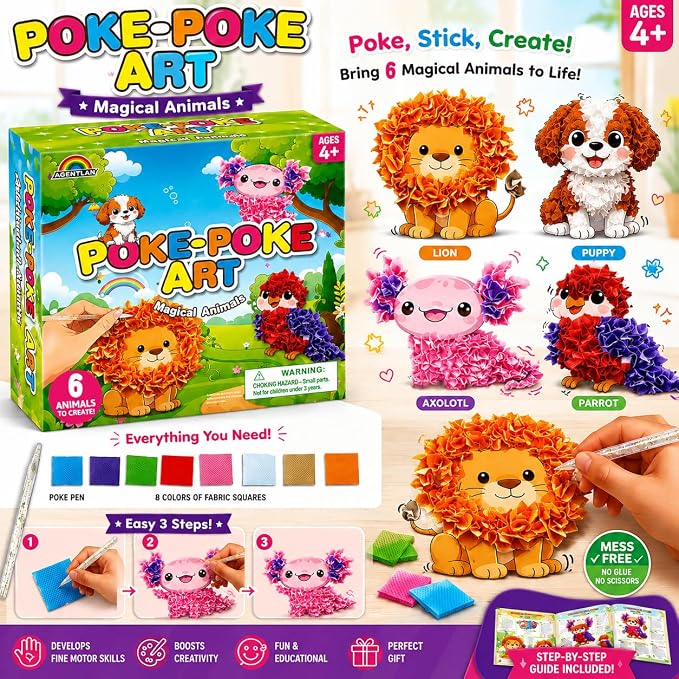 AGENTLAN Animal Poke Art Kit,Mess-Free Crafts for Kids Ages 3-8 | 6 poke in animal designs, 3D Art, no glue, no mess, screen-free activity, travel craft