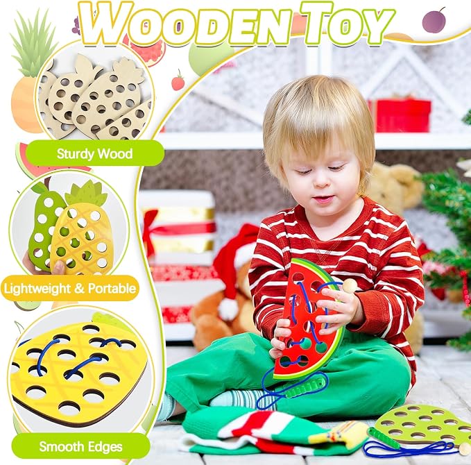 Woozettn 4 Pack Wooden Lacing Threading Toys, Fine Motor Skills Educational Puzzles, Wooden Fruit Threading Set Sorting & Stacking Toy for Toddlers Kids Ages 3–5