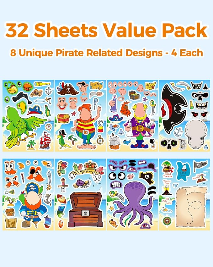 Aowplc 32 Make Your Own Pirate Sticker Sheets for Kids | Pirate Party Favors, Birthday Decorations & Mix 'n Match Crafts