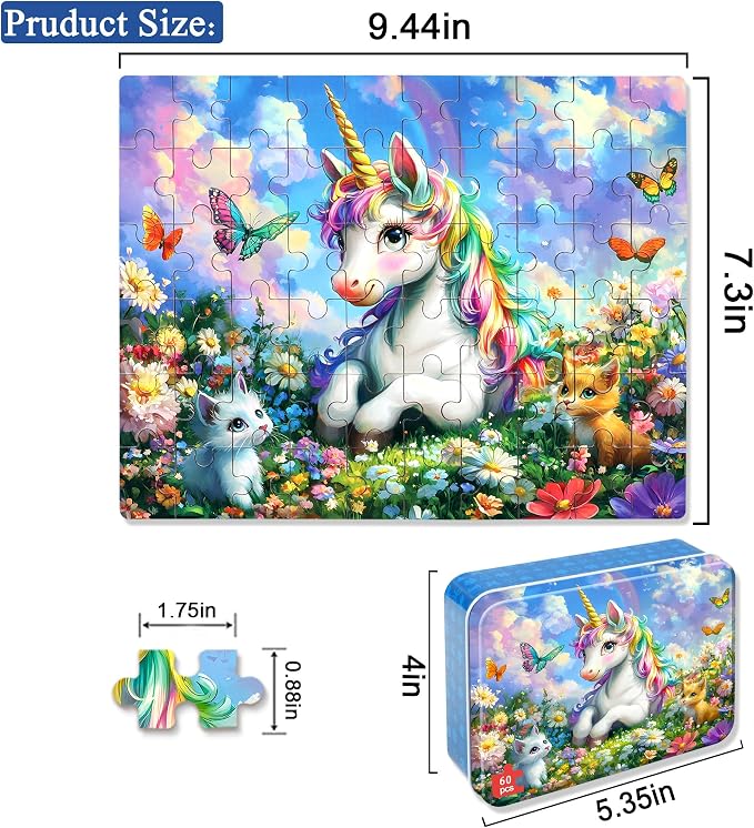 LELEMON Unicorn Puzzles for Kids Ages 4-8,60 Pieces Raibow Unicorns Cats Butterfly Jigsaw Puzzles in a Metal Box,Cute Raibow Unicornss Learning Educational Puzzles for Boys Girls
