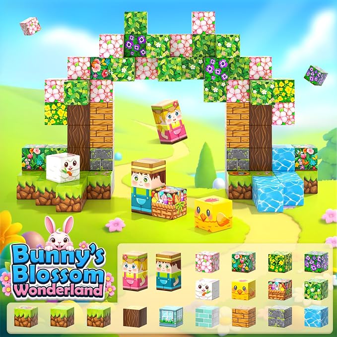 108PCS Magnetic Blocks Bunny Garden Magnet Building Toys for Kids Age 3+ | Magnet Building Cubes, STEM Sensory Learning Toys, Christmas Easter Gifts for Boys Girls, Outdoor Kids Toys