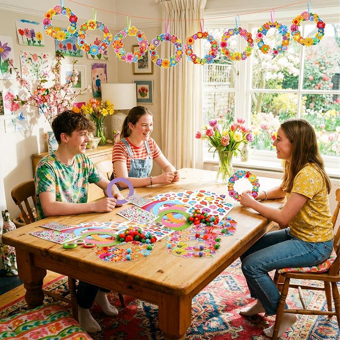 Hollowfly 48 Sets Flower Wreath Craft Kits DIY Wreath Seasonal Activities | Make Your Own Floral Decor, Paper Foam Circles with Stickers, Spring Summer Party Favors Seasonal Craft Activities for Kids
