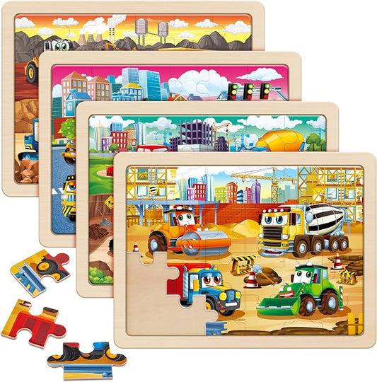 SYNARRY Large Wooden Construction Vehicle Puzzles for Kids Ages 4-6 | Monster Truck Puzzles for Kids Ages 3-5, Birthday Gifts for Boys & Girls, Educational Construction Toys, Screen-Free Play