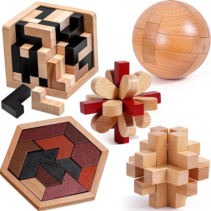 5PCS Wooden Puzzles for Adults & Kids – Cube & Shape Brain Teasers, Logic & Educational Games, Family Fun