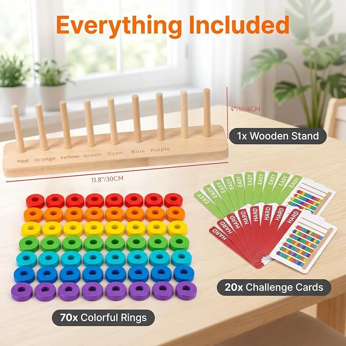 Color Sorting & Stacking Game with Challenge Cards for Kids, Wooden Color Matching Game with 40 Patterns(Easy & Hard), Fine Motor Skills Learning Montessori Toy, Preschool Educational Gift for Kids