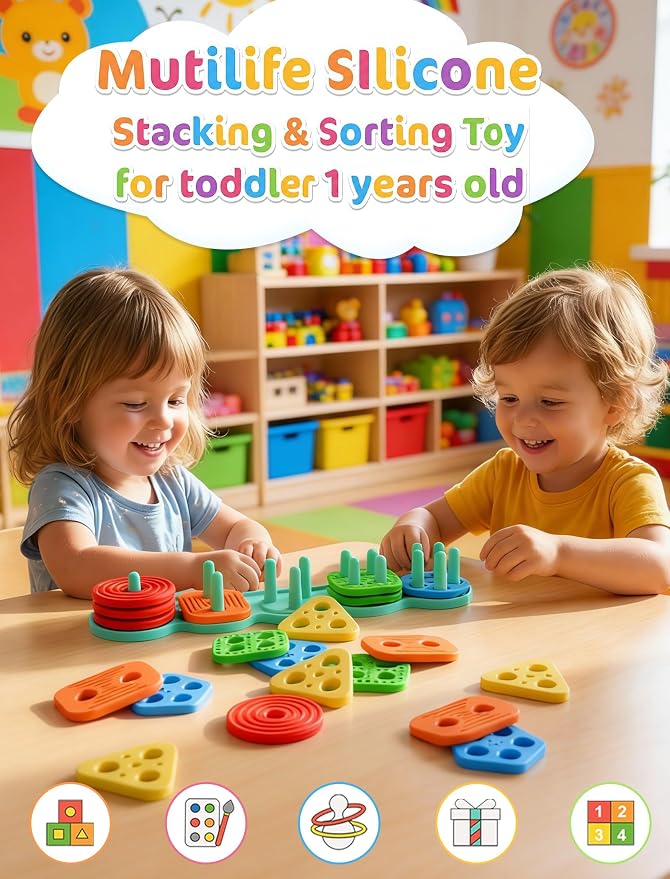Silicone Shape Sorting & Stacking Toys - Montessori Toys for Toddlers 1-3 | Soft Safe Food Grade Silicone | 20pcs Textured Color Blocks | Learning Sensory Toy | 1 2 3 4 Year Old Boy Girl Birthday Gifts
