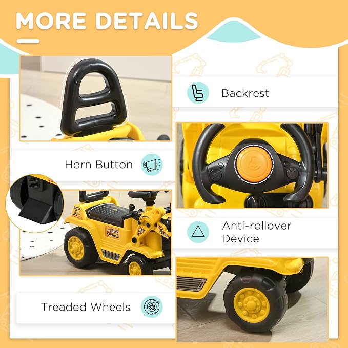 HOMCOM Ride On Excavator Ride On Bulldozer with Horn, Under Seat Storage | Kids Bulldozer Pull Cart, Sit and Scoot, Pretend Play Toy Construction Car, Ages 18-48 Months