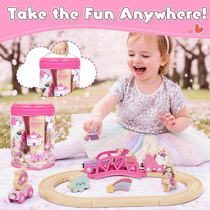 Lehoo Castle Pink Unicorn Wooden Train Set for Girls with Storage Bag | Compatible with Most Wooden Train Tracks, Expandable, Changeable Fantasy Railway Playset, Birthday Gift for Girls Ages 3+