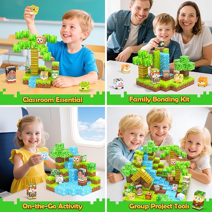 150PCS 0.8“ Magnetic Blocks Magnet Building Craft, STEM Constructions Toy | Sensory Stacking Cubes Kids Toys, Holiday Birthday Gifts for Boys Girls Age 4-6, 5-7, 4-8, 8-12 - Jungle Adventure Playset