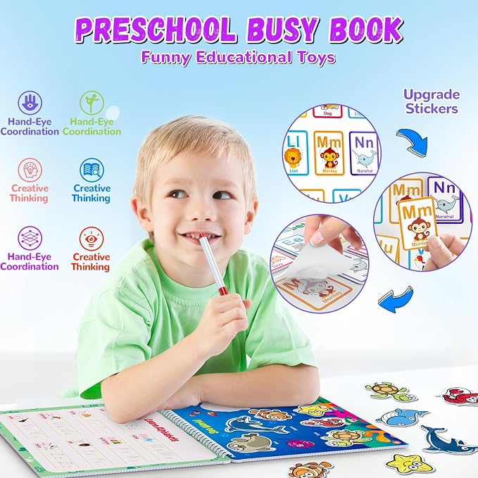 Busy Book for Toddlers 3-5, Preschool Learning Activities, 30 Themes | Reusable Activity Workbook with 8 Markers for Tracing, Matching and Coloring, Montessori Travel Toy for Home and Road Trips