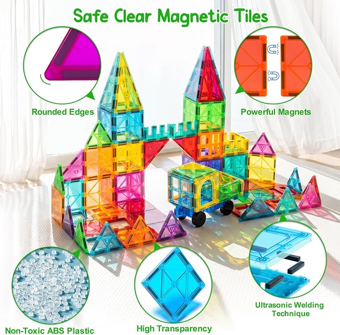 Bmag Magnetic Tiles Building Blocks Set with 2 Cars 100Pcs, Designed for Open-Ended Building and Versatile Play, Gifts for STEM Support and Parent-Child Interaction for Kids Aged 3+