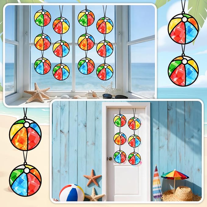 Qyeahkj 36 Set Beach Balls Suncatchers Craft for DIY Summer Party Paper Craft Kit Game Beach Balls Stained Glass Window Ornaments Decoration for Home Art Project Party Favor Gift