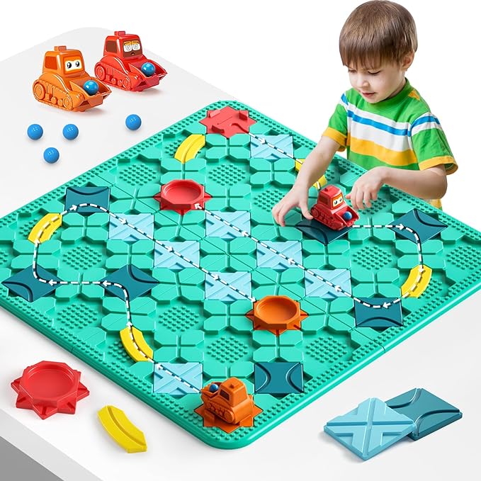 burgkidz STEM Road Build Puzzle: Teal Board, 200+ Chal. w/ 2 Cars | Teal creative board: 14 tracks, 2 start/end, 2 windup cars. 200+ puzzles, 4 levels, 3 modes. Dots fit bricks. Storage bag