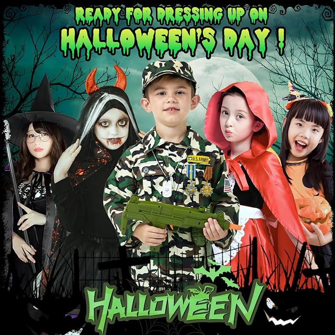 16PCS Kids Halloween Soldier Costume, Military Outfit with Accessories | Halloween Soldier Costume • 16PCS Military Set • Toy Accessories Included • Realistic Role Play • Ages 3-12