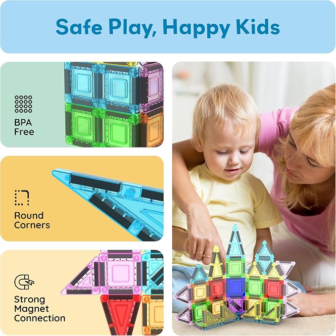 PicassoTiles 40 PCS Mini Magnetic Tiles Travel Toy Educational Building Set | BPA-free plastic construction, age 3+ STEM learning, hand-eye coordination, compact storage box, portable geometric blocks