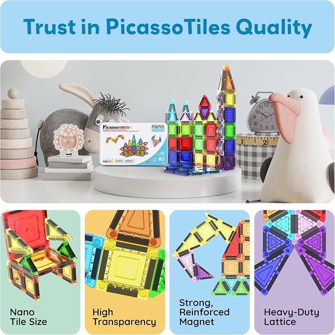 PicassoTiles 40 PCS Mini Magnetic Tiles Travel Toy Educational Building Set | BPA-free plastic construction, age 3+ STEM learning, hand-eye coordination, compact storage box, portable geometric blocks