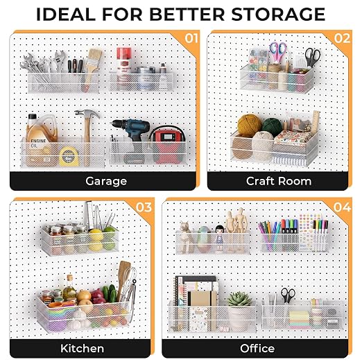 INCLY 4 Pack Upgrade Pegboard Baskets, 4 Sizes Square Metal Mesh Basket | Peg Board Organizer Accessories, For Garage Craft Room Office Kitchen, Pegboard Baskets and Bins