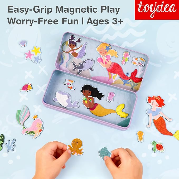Magnetic Puzzle Box for Kids Ages 3-5, Mermaid Travel Puzzle Game | 30+ Magnetic Pieces, Spark Imagination, Quiet Travel Toy, Gift for Girls and Boys