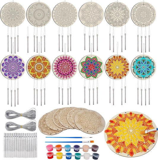 HOTPLACY 24 Sets Mandala Wind Chimes Craft for Kids | DIY Wood Hanging Bulk Ornaments, Painting Craft, Color Your Own, School Home Party Activity Project Decor