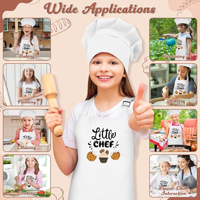 R HORSE 2 Pieces Kid Apron and Chef Hat Set, Dress up Pretend Play Toy | White Little Chef Adjustable Children Kitchen Apron Set, Ideal for Cooking, Baking, Painting, Training, Cooking Birthday Gift