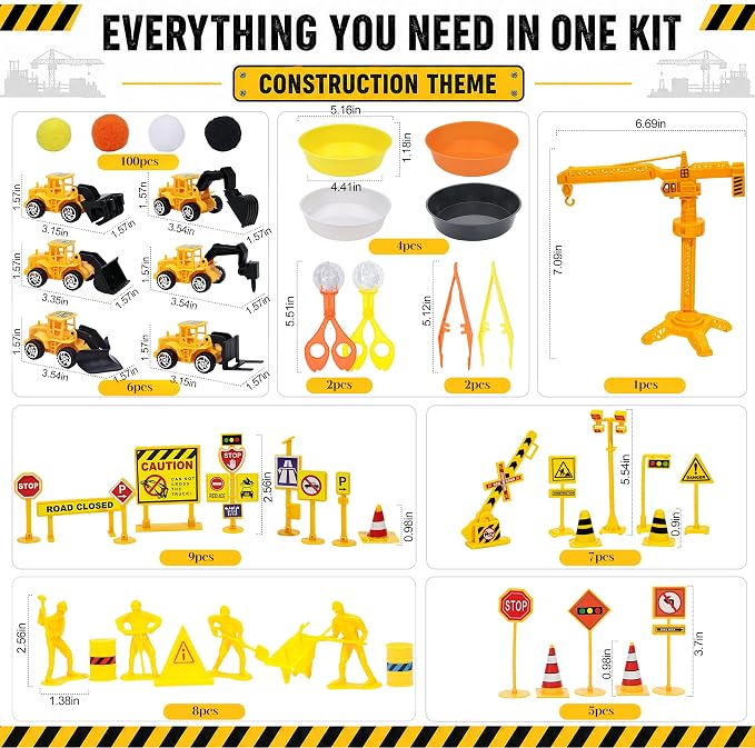 144PCS Construction Sorting and Counting Materials Set, Activity Set, Fine Motor Manipulatives with Vehicle and Road Sign Pieces for Classroom, Home & Travel Use（Construction）
