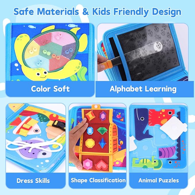 Ocean Busy Book for Toddlers 1-3 Montessori Toys Busy Board for 1 Year Old Boy Gifts Girl Toys Educational Learning Quiet Activity Books Toddler Easter Basket Stuffers Travel Toys Sea Animals