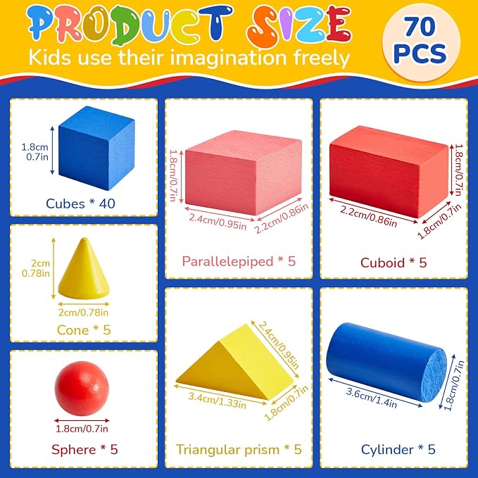 Deekin 70 Pcs Wood Geometric Solid Mini 3D Shape Wooden Building Block Bul | Montessori Stacking Toy Manipulatives Elementary Block for Preschool Learning Geometry Math Kindergarten Teaching Classroom