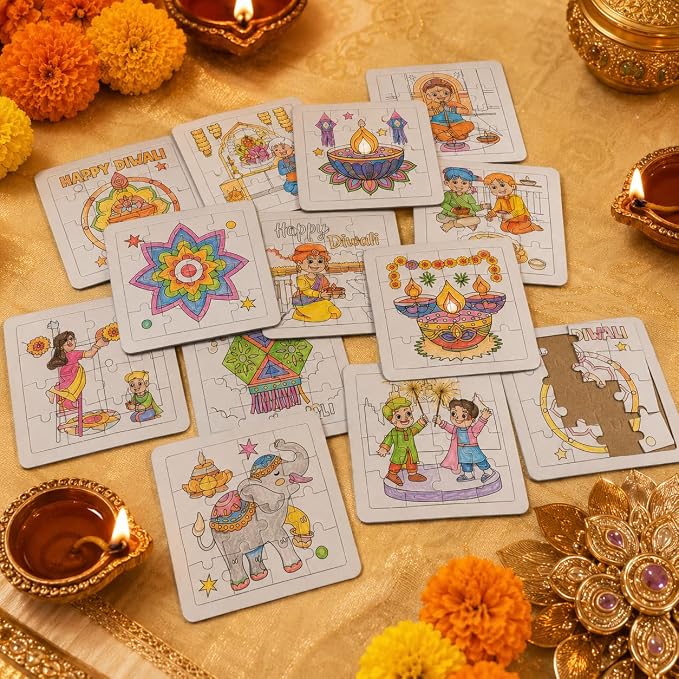 Cinrobiye 24 Pcs Diwali Coloring Puzzle Craft, Deepavali Festival of Lights DIY Activity Jigsaw Puzzle Set, Indian Festival Decorations for Classroom, Home Celebration, Cultural Events, Party Favors