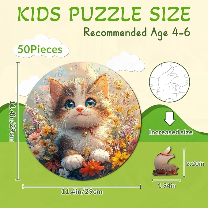 Animals Wooden Puzzles for Kids - Lovely Cat | 50 Piece Puzzles for Kids Ages 6-8, Kids Puzzles with Unique Animal Shapes, Round Gift for Girls and Boys (11.4 * 11.4 in)